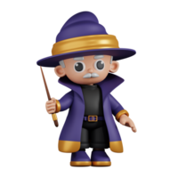 3d Character Wizard Holding His Little Stick Pose. 3d render isolated on transparent backdrop. png