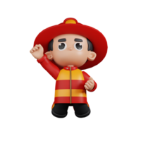 3d Character Firefighter Jumping In The Air Pose. 3d render isolated on transparent backdrop. png