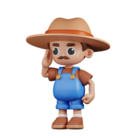 3d Character Farmer Giving SalutePose. 3d render isolated on transparent backdrop. png