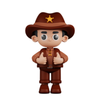 3d Charakter Sheriff zeigen Daumen oben Pose. 3d machen isoliert auf transparent Hintergrund. png