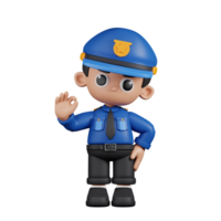 3d Character Policeman Giving Ok Sign Pose. 3d render isolated on transparent backdrop. png