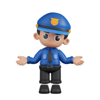 3d Character Policeman Doing The No Idea Pose. 3d render isolated on transparent backdrop. png