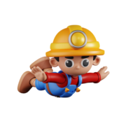 3d Character Miner Flying Pose. 3d render isolated on transparent backdrop. png