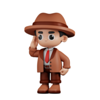 3d Character Detective Giving Salute Pose. 3d render isolated on transparent backdrop. png