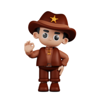 3d Character Sheriff Giving Ok Sign Pose. 3d render isolated on transparent backdrop. png