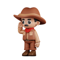 3d Character Cowboy Giving Salute Pose. 3d render isolated on transparent backdrop. png