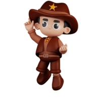 3d Character Sheriff Happy Jumping Poses. 3d render isolated on transparent backdrop. png