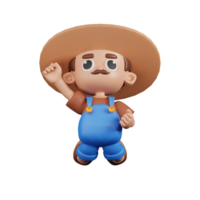 3d Character Farmer Jumping In The Air Pose. 3d render isolated on transparent backdrop. png