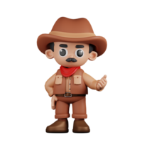 3d personaggio cowboy puntamento Il prossimo posa. 3d rendere isolato su trasparente sfondo. png