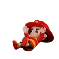 3d Character Firefighter Falling Pose. 3d render isolated on transparent backdrop. png