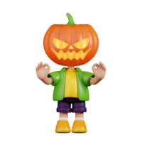 3d Character Pumpkin Giving Ok Hand Gesture Pose. 3d render isolated on transparent backdrop. png