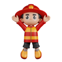 3d personagem bombeiro pulando celebração pose. 3d render isolado em transparente pano de fundo. png