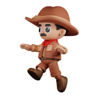 3d Character Cowboy Jumping Pose. 3d render isolated on transparent backdrop. png