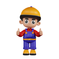 3d Character Mechanic Giving A Thumb Up Pose. 3d render isolated on transparent backdrop. png