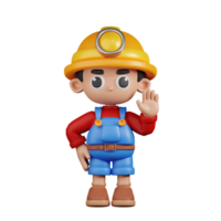 3d Character Miner Hands Up Pose. 3d render isolated on transparent backdrop. png