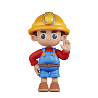 3d Character Miner Hands Up Pose. 3d render isolated on transparent backdrop. png