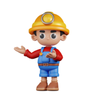 3d Character Miner Presenting Pose. 3d render isolated on transparent backdrop. png