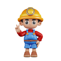 3d Character Miner Showing Peace Sign Pose. 3d render isolated on transparent backdrop. png