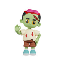 3d Character Zombie Giving Ok Sign Pose. 3d render isolated on transparent backdrop. png