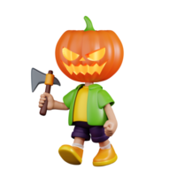 3d Character Pumpkin Holding A Big Axe Pose. 3d render isolated on transparent backdrop. png