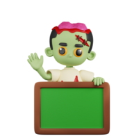 3d Character Zombie Pointed With A White Board Pose. 3d render isolated on transparent backdrop. png