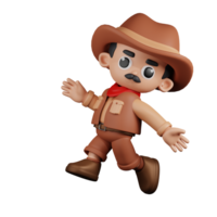 3d Character Cowboy Happy Jumping Pose. 3d render isolated on transparent backdrop. png