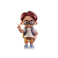 3d Character Student Showing Peace Sign Pose. 3d render isolated on transparent backdrop. png