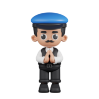 3d Character Driver Apologizing Pose. 3d render isolated on transparent backdrop. png