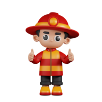 3d personagem bombeiro dando uma polegar acima pose. 3d render isolado em transparente pano de fundo. png