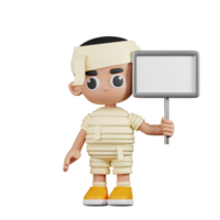 3d Character Mummy With White Paper Sign Pose. 3d render isolated on transparent backdrop. png