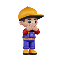 3d Character Mechanic Afraid Pose. 3d render isolated on transparent backdrop. png