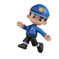 3d Character Policeman Happy Jumping Pose. 3d render isolated on transparent backdrop. png