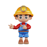 3d Character Miner Pointing Fingers In Direction Pose. 3d render isolated on transparent backdrop. png