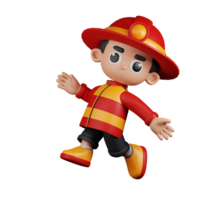 3d Character Firefighter Happy Jumping Pose. 3d render isolated on transparent backdrop. png