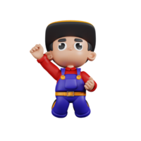 3d Character Mechanic Jumping In The Air Pose. 3d render isolated on transparent backdrop. png