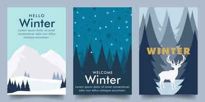 simple minimalist cold winter vector design illustration background with snow mountain, forest and deer theme design. for banner, poster, social media, promotion