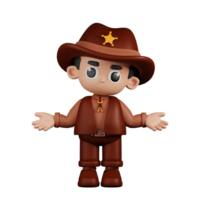 3d Character Sheriff Doing The No Idea Pose. 3d render isolated on transparent backdrop. png