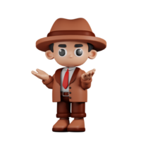 3d Character Detective Confused Pose. 3d render isolated on transparent backdrop. png