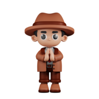 3d Character Detective Apologizing Pose. 3d render isolated on transparent backdrop. png