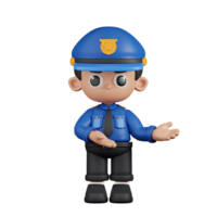 3d Character Policeman Pointing To Something Pose. 3d render isolated on transparent backdrop. png