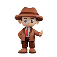 3d Character Detective Pointing Next Pose. 3d render isolated on transparent backdrop. png