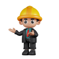 3d Character Engineer Presenting Pose. 3d render isolated on transparent backdrop. png