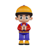 3d Character Mechanic Apologizing Pose. 3d render isolated on transparent backdrop. png