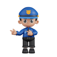 3d Character Policeman Pointing Fingers In Direction Pose. 3d render isolated on transparent backdrop. png