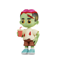 3d personnage zombi avec une tasse de un soda boisson pose. 3d rendre isolé sur transparent toile de fond. png