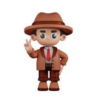 3d Character Detective Showing Peace Sign Pose. 3d render isolated on transparent backdrop. png