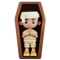 3d Character Mummy On a Coffin Pose. 3d render isolated on transparent backdrop. png