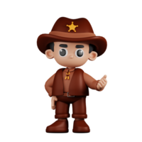 3d Character Sheriff Pointing Next Pose. 3d render isolated on transparent backdrop. png