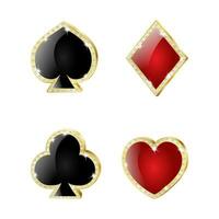 Card suits in gold frame Hearts, spades, diamonds, clubs. Isolated,decorated with vector diamonds. Vector illustration