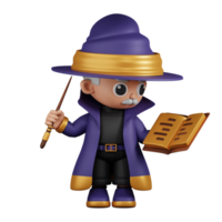 3d Character Wizard Reading A Spellbook While Holding Little Stick Pose. 3d render isolated on transparent backdrop. png